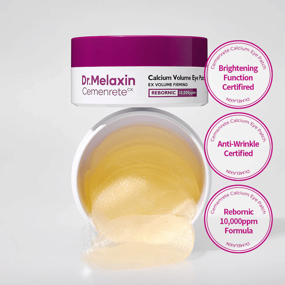 Åpen krukke med hydrogel-øyenlapper fra Dr. Melaxin Cemenrete Calcium Volume Eye Patch med Rebornic 10 000 ppm, sertifisert for anti-rynke og lysnende effekt.