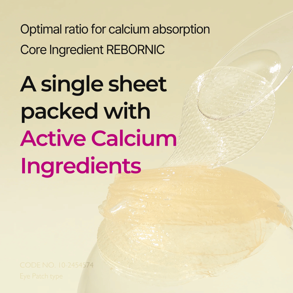 Nærbilde av hydrogel gjennomtrukket med aktivt kalsium i Dr. Melaxin Cemenrete Calcium Volume Eye Patch, utviklet for optimal absorpsjon og volumgivende effekt.