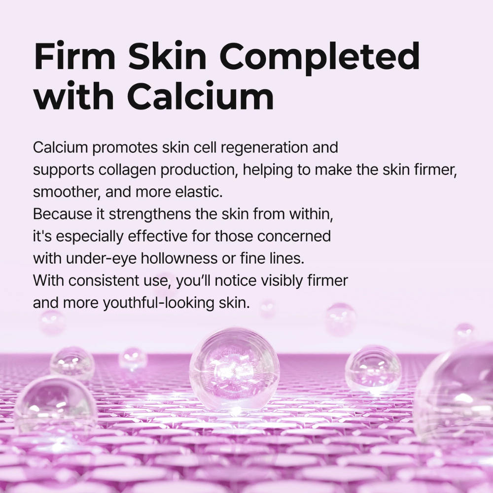 Illustrasjon som viser hvordan kalsium styrker hudens struktur og elastisitet i Dr. Melaxin Cemenrete Calcium Volume Eye Patch for fastere, glattere og mer ungdommelig hud rundt øynene.