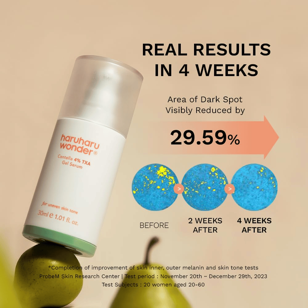 3. Haruharu Wonder Centella 4% TXA Dark Spot Go Away Serum – resultater etter fire uker med redusert synlighet av mørke flekker