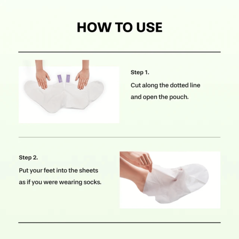 2. Baren Centella Deep Soothing Ritual Foot Mask – trinn 1 og 2 som viser hvordan emballasjen åpnes og fotmaskene tas på som sokker