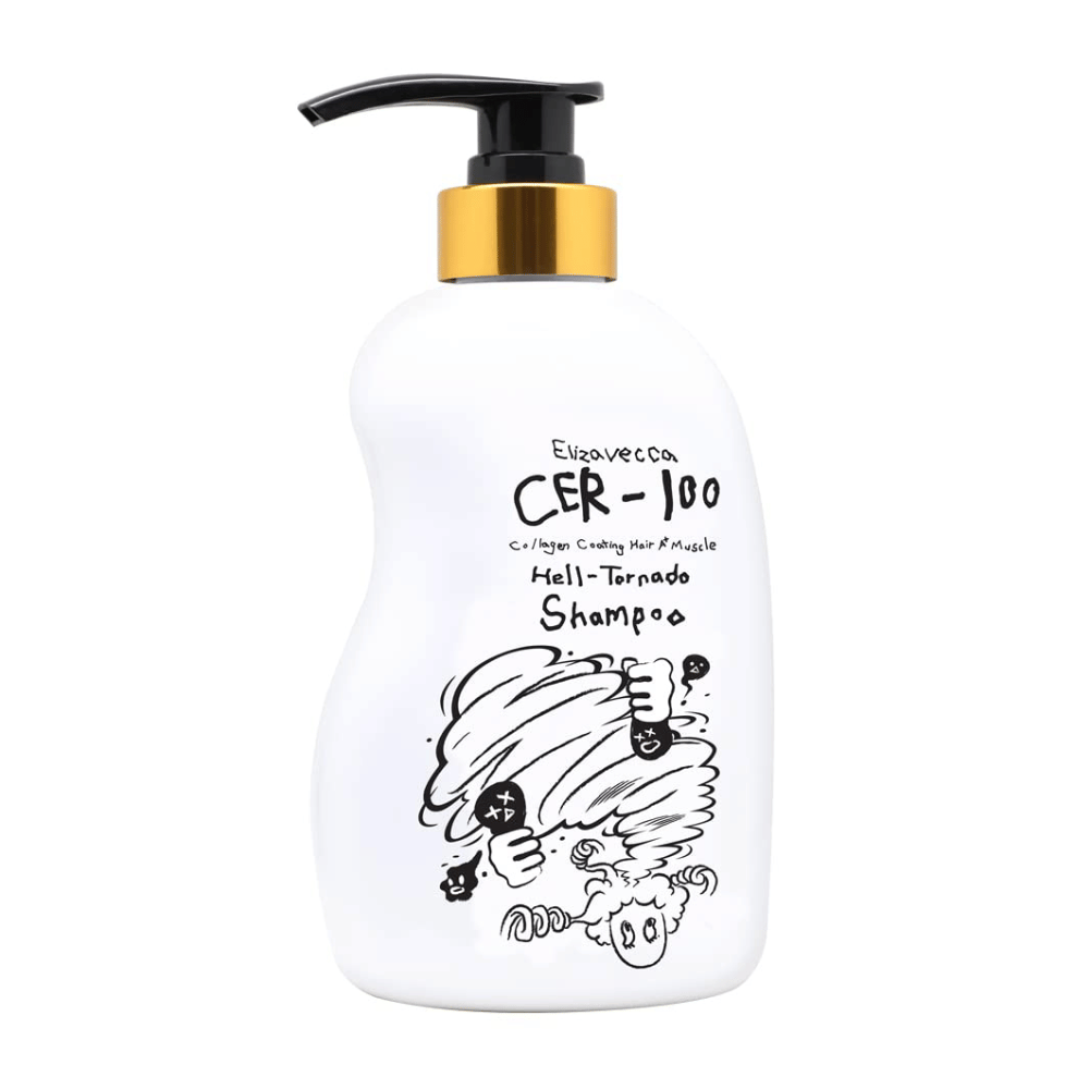 Produktbilde av Elizavecca CER-100 Collagen Coating Hair A+ Muscle Helltornado Shampoo på hvit bakgrunn. Emballasjen vises tydelig med pumpeflaske og den karakteristiske illustrasjonen som kjennetegner serien.