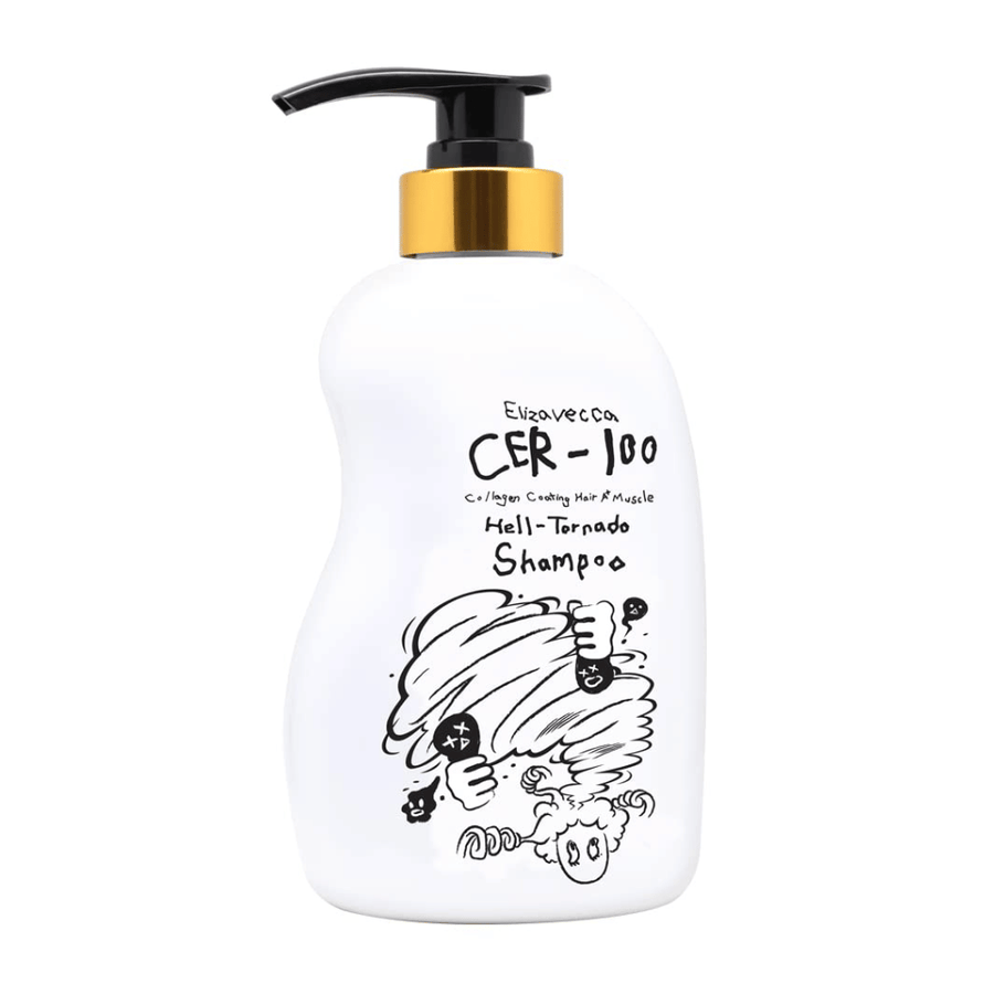 Produktbilde av Elizavecca CER-100 Collagen Coating Hair A+ Muscle Helltornado Shampoo på hvit bakgrunn. Emballasjen vises tydelig med pumpeflaske og den karakteristiske illustrasjonen som kjennetegner serien.