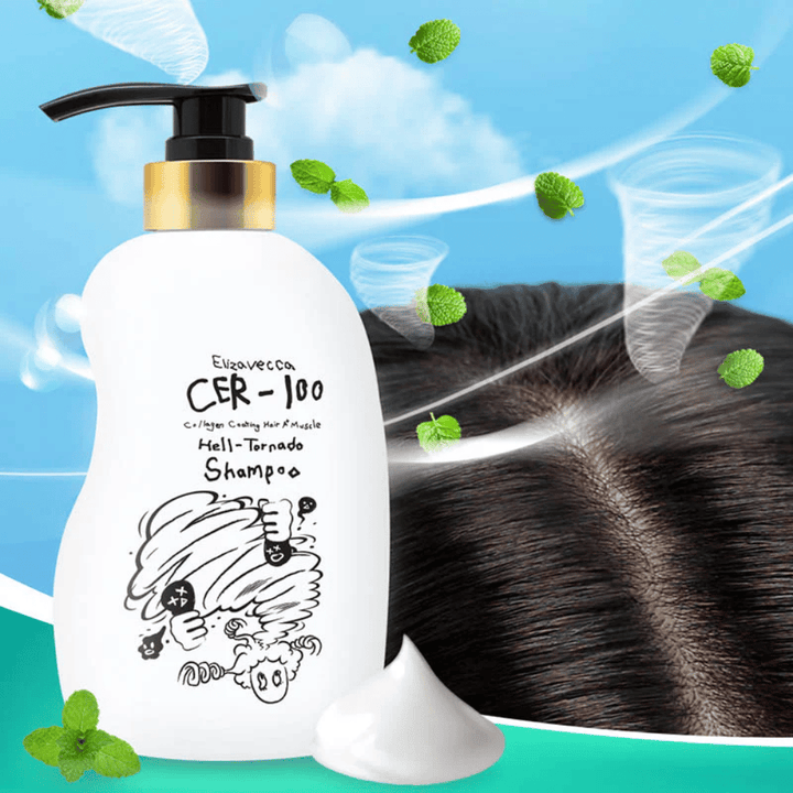 Elizavecca CER-100 Collagen Coating Hair A+ Muscle Helltornado Shampoo vises foran et nærbilde av hodebunnen. Virvlende vinder og mynteblader illustrerer en oppfriskende, kjølende følelse og fokus på hodebunnspleie.