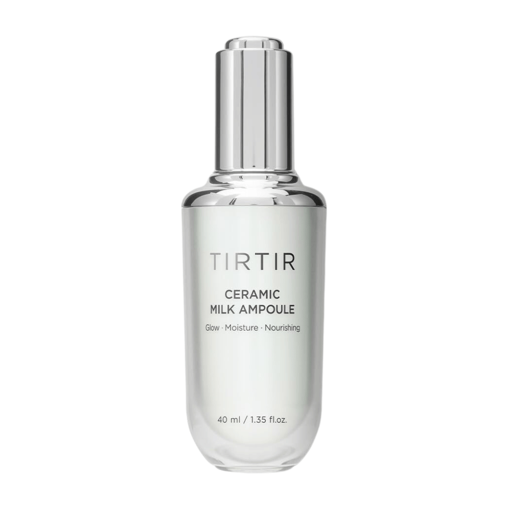  En gjennomsiktig flaske TIRTIR Ceramic Milk Ampoule, merket med "Glow - Moisture - Nourishing", på en hvit bakgrunn.