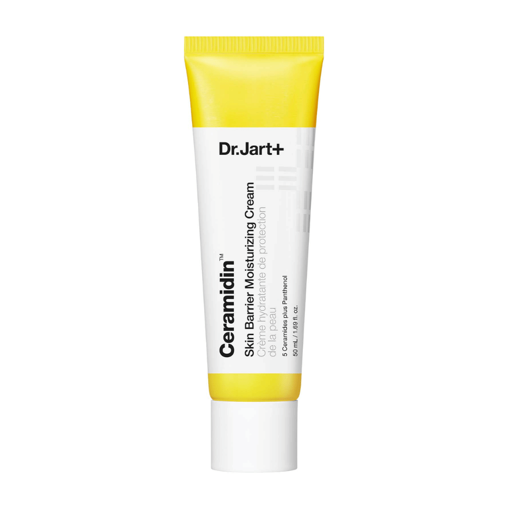 Tube med Dr. Jart+ Ceramidin Skin Barrier Moisturizing Cream, fuktighetsgivende hudkrem.