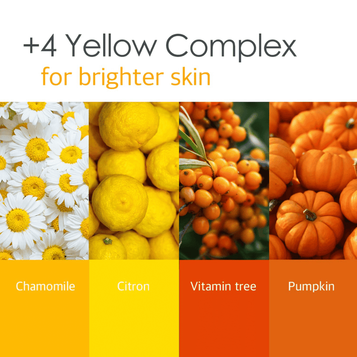 Informasjonsbilde om «4 Yellow Complex» med ingredienser som kamille, sitron, vitamin tree og gresskar. Fokus ligger på klarere hudtone og glødgivende egenskaper.