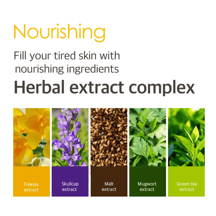 Informasjonsbilde om Herbal Extract Complex med planteekstrakter fra blant annet fresia, skullcap, malt, mugwort og grønn te som bidrar til å gi næring og pleie til trøtt hud.