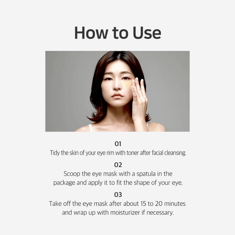 Instruksjonsbilde som viser hvordan Chamomile Lightening Hydrogel Eye Mask brukes etter rens og toner. Guiden beskriver påføring, virketid og avsluttende fuktighet rundt øynene.