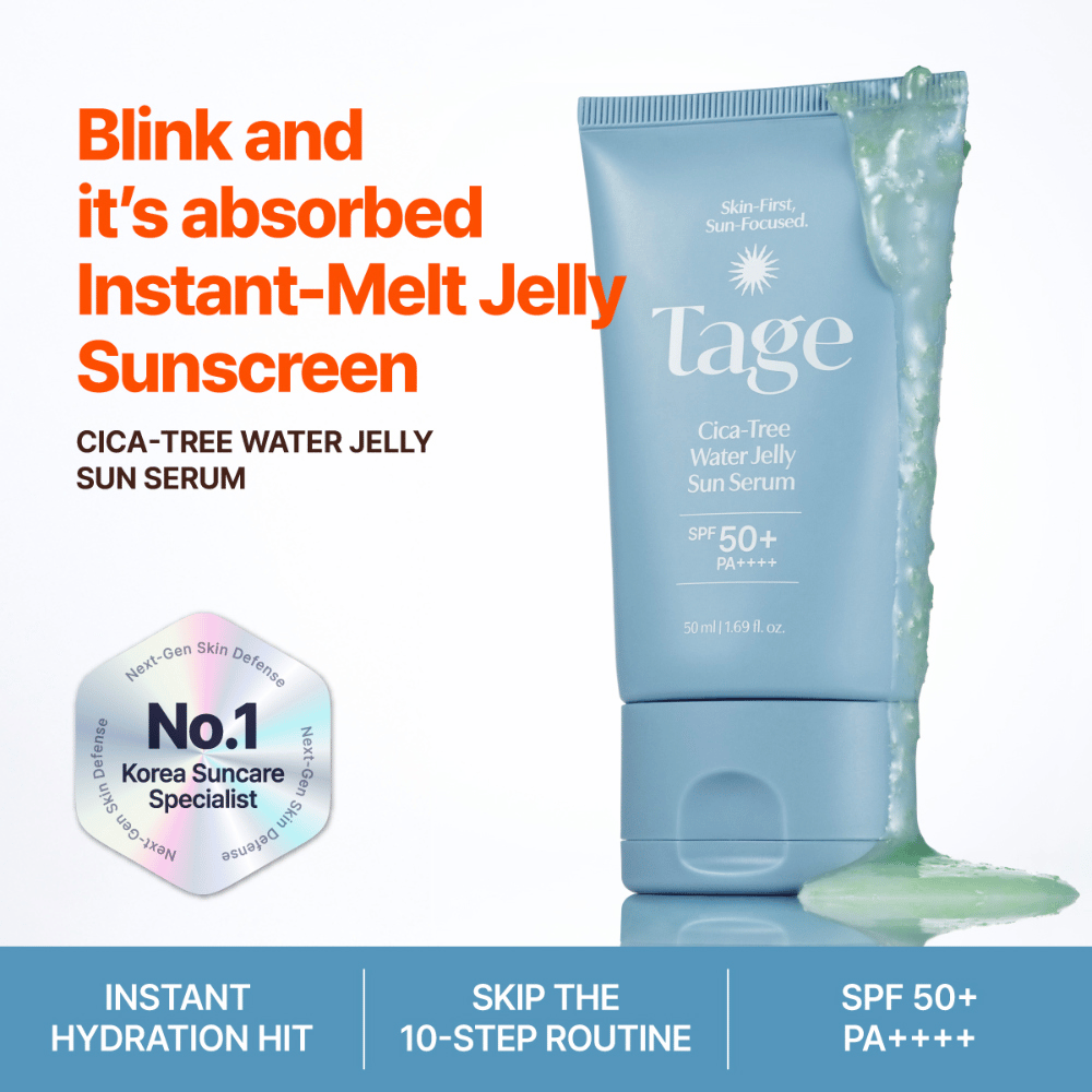 Tage Cica-Tree Water Jelly Sun Serum SPF 50+ med lett gelékonsistens. Blå solbeskyttelsestube med grønn gelé som viser produktets tekstur.