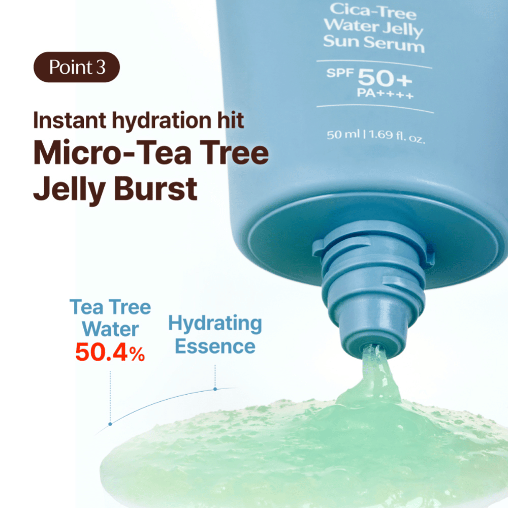 Tage Cica-Tree Water Jelly Sun Serum SPF 50+ med 50,4 % tea tree-vann. Nærbilde av grønn, fuktgivende gelé som presses ut av tuben.