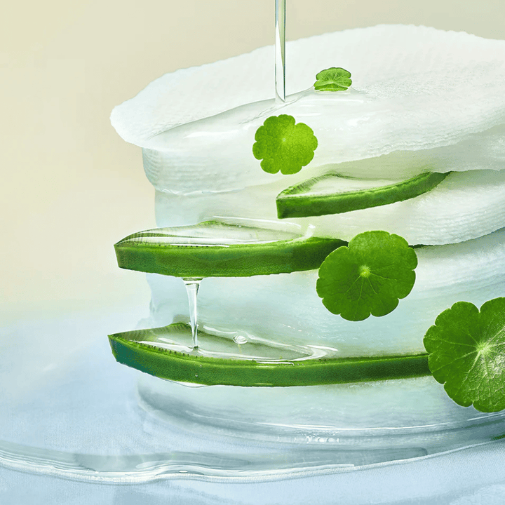 Nærbilde av aloe vera-skiver, fuktgivende toner pads og centella asiatica-blader. Gelen drypper mellom ingrediensene for å illustrere beroligende, kjølende og fuktgivende egenskaper.