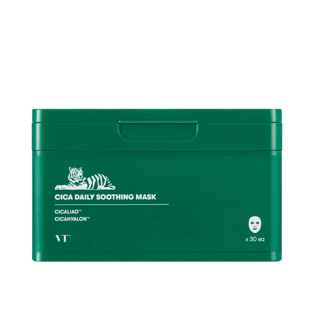 Grønn pakke med teksten "Cica Daily Soothing Mask" og en hvit illustrasjon av en tiger, inneholdende 30 sheet-masker.