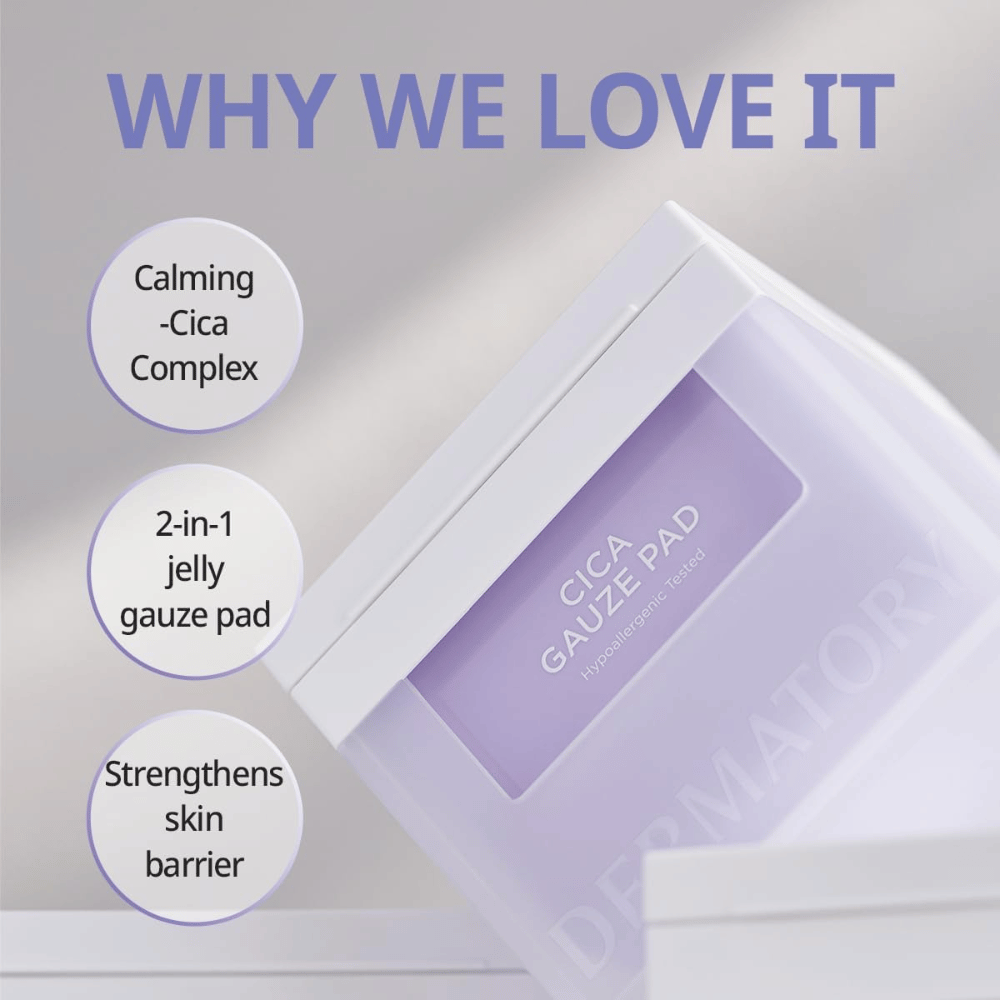 Bilde av Cica Gauze Pad med teksten 'Why We Love It'. Produktet inneholder et beroligende Cica-kompleks, fungerer som en 2-i-1 gel-bandasje og styrker hudens barriere. Perfekt for sensitiv hud.