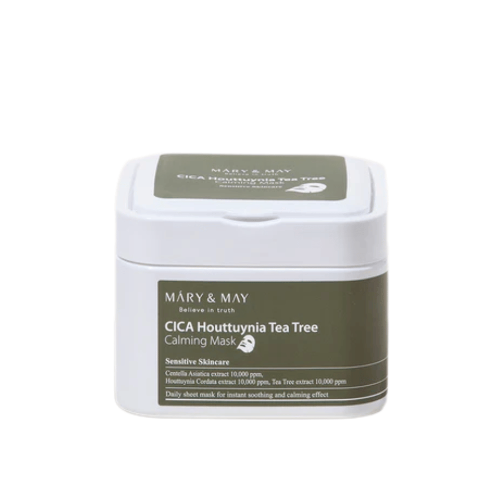 Mary & May Cica Houttuynia Tea Tree Calming Mask – krukke med beroligende sheetmasker for sensitiv hud, beriket med centella, houttuynia og tea tree-ekstrakt.