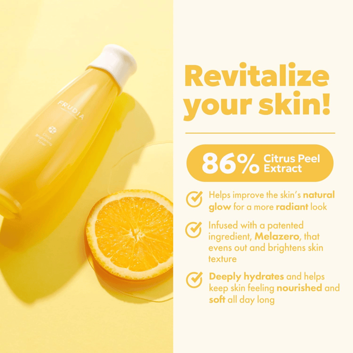 FRUDIA Citrus Brightening Toner med 86 % sitrusskall-ekstrakt – fuktighetsgivende og glansgivende toner som forbedrer hudens naturlige glød og gir myk, strålende hud.