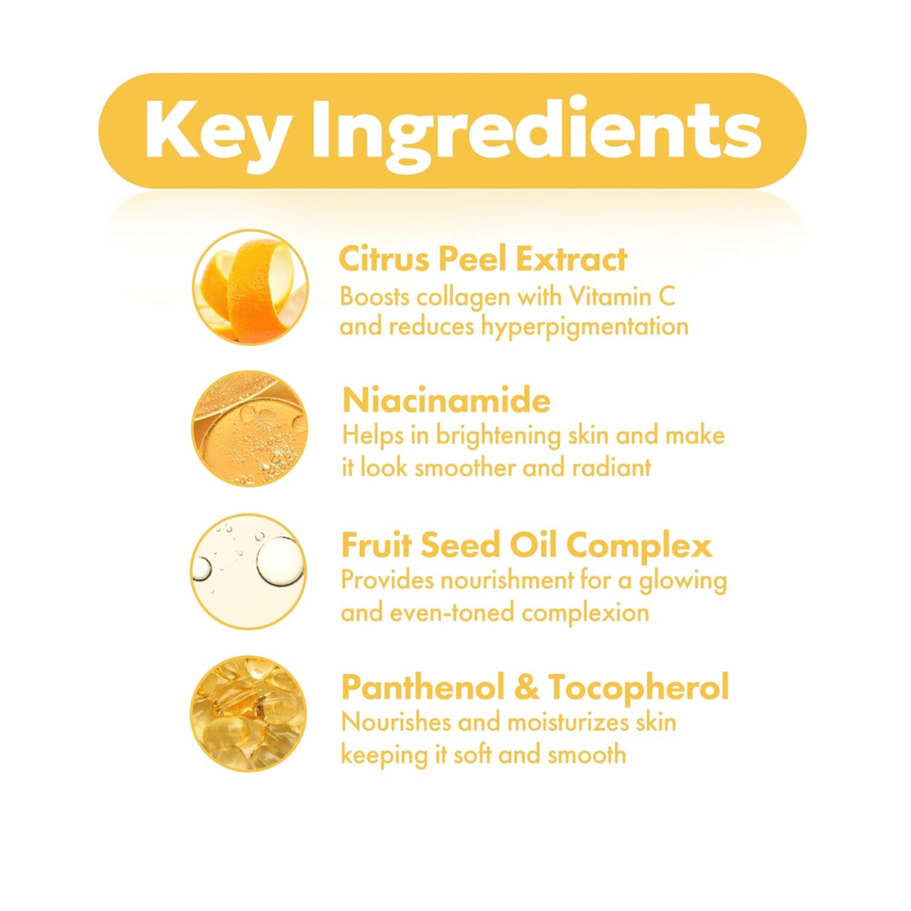 FRUDIA Citrus Brightening Toner – nøkkelingredienser som sitrusskall-ekstrakt, niacinamid, frøoljekompleks samt panthenol og tokoferol for klarere og jevnere hud.