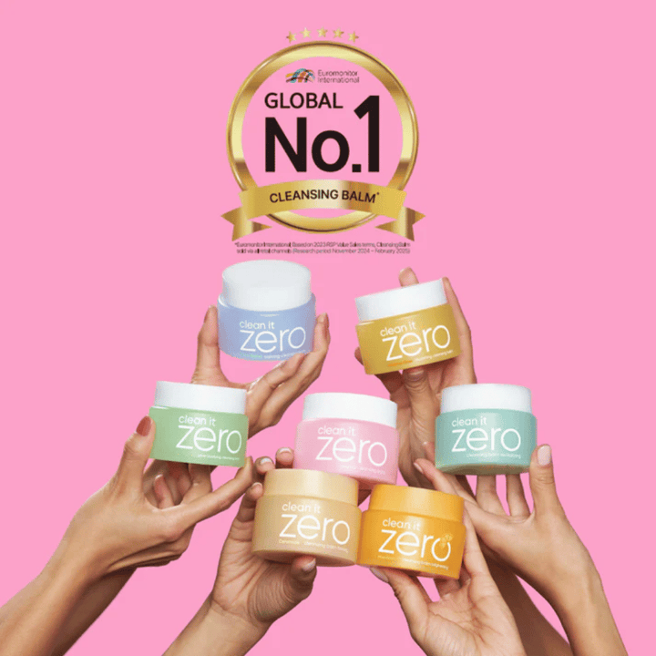 Clean It Zero cleansing balms i flere varianter holdes opp med merking Global No.1 Cleansing Balm, populær koreansk rensing for alle hudtyper.