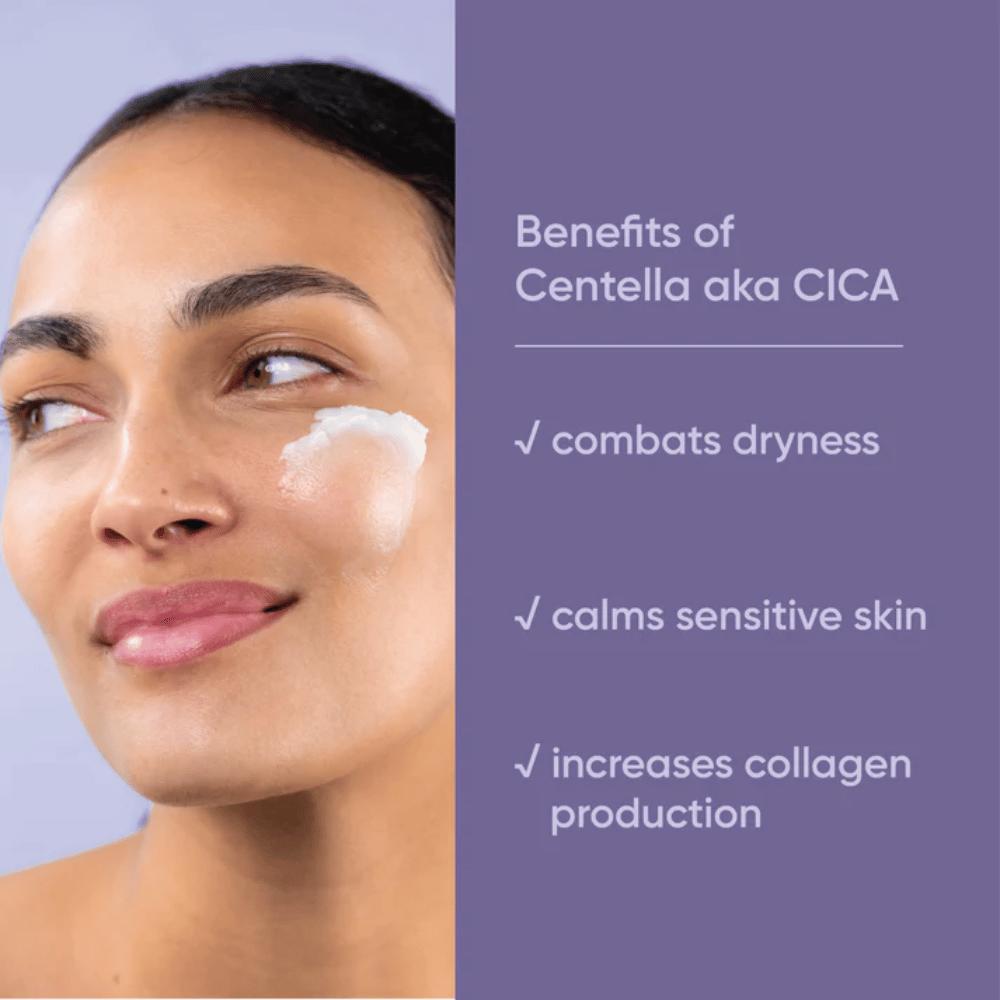 Person som påfører ansiktskrem, grafikk som viser fordelene med Centella Asiatica (CICA) i Clean It Zero Calming Cleansing Balm for tørr, sensitiv hud og økt kollagenproduksjon.