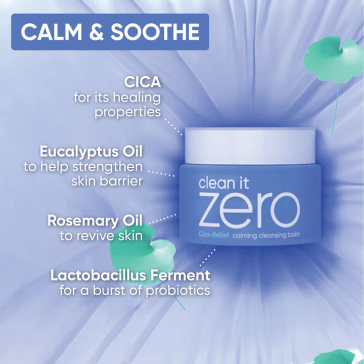Informasjonsbilde for Clean It Zero Cica-Relief Calming Cleansing Balm som fremhever beroligende ingredienser som CICA, eucalyptusolje, rosmarinolje og lactobacillus ferment for styrket hudbarriere.