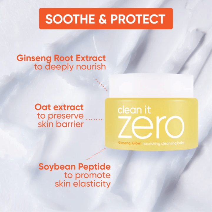 Clean It Zero Ginseng-Glow Cleansing Balm fra BANILA CO med ginseng, havreekstrakt og sojapeptider, utviklet for å berolige, beskytte og styrke hudbarrieren samtidig som sminke og smuss løses opp.