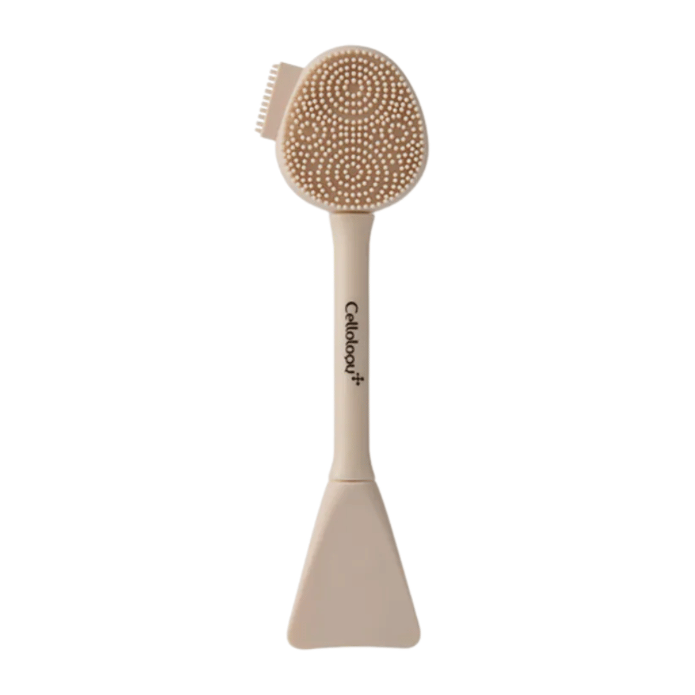3. Cellolopy Cleaning Brush – beige ansiktsbørste med myke silikonpigger og spatel for påføring av ansiktsmasker