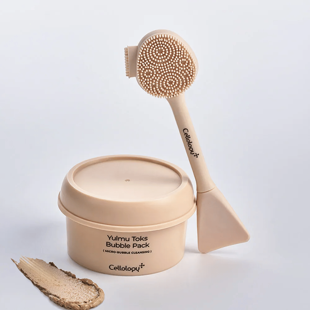 1. Cellolopy Cleaning Brush – beige rengjøringsbørste med silikonbust og spatel sammen med Yulmu Toks Bubble Pack