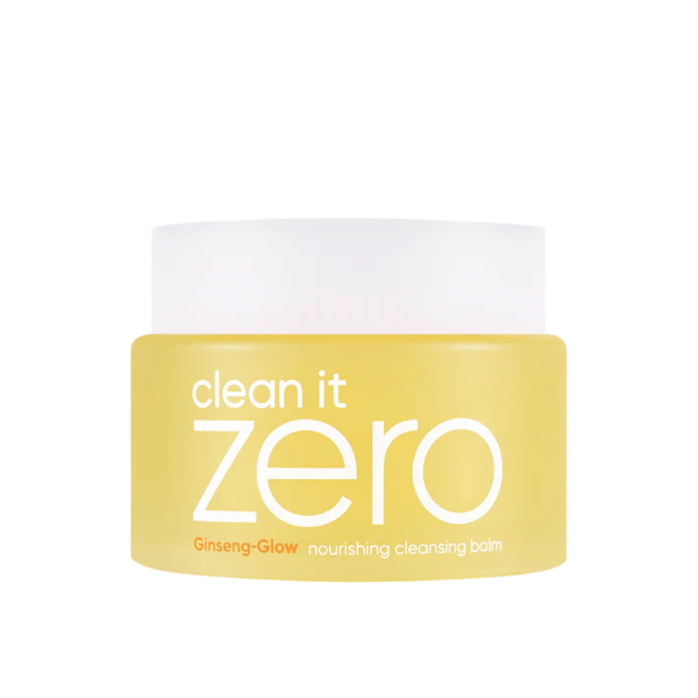 Clean It Zero Ginseng-Glow Nourishing Cleansing Balm i gul krukke på hvit bakgrunn, en fuktighetsgivende rensebalm fra BANILA CO som effektivt fjerner sminke og urenheter.