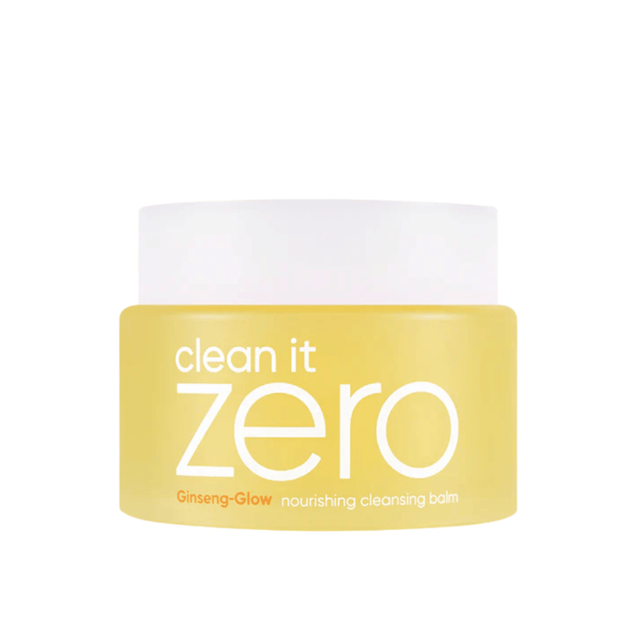 Clean It Zero Ginseng-Glow Nourishing Cleansing Balm i gul krukke på hvit bakgrunn, en fuktighetsgivende rensebalm fra BANILA CO som effektivt fjerner sminke og urenheter.
