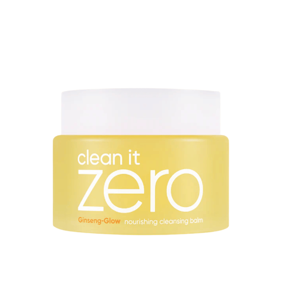 Clean It Zero Ginseng-Glow Nourishing Cleansing Balm i gul krukke på hvit bakgrunn, en fuktighetsgivende rensebalm fra BANILA CO som effektivt fjerner sminke og urenheter.