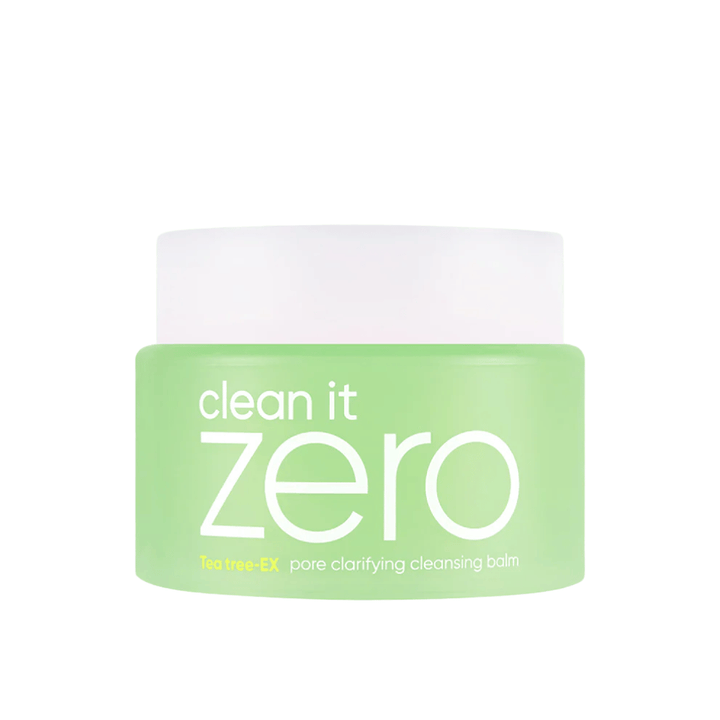 Clean It Zero Tea Tree-EX Pore Clarifying Cleansing Balm i grønn krukke på hvit bakgrunn, utviklet for fet og kombinert hud som trenger balanserende og porerensende rens.
