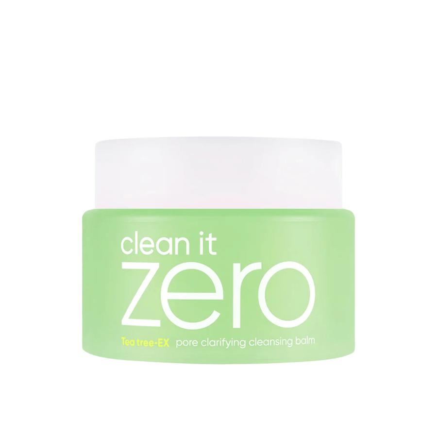 Clean It Zero Tea Tree-EX Pore Clarifying Cleansing Balm i grønn krukke på hvit bakgrunn, utviklet for fet og kombinert hud som trenger balanserende og porerensende rens.