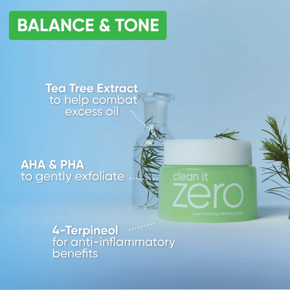 Clean It Zero Pore Clarifying Cleansing Balm med Tea Tree-ekstrakt, AHA og PHA som balanserer huden, reduserer overflødig olje og eksfolierer skånsomt for en klarere hudtone.