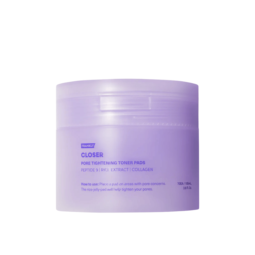Produktbilde av FRANKLY Closer Pore Tightening Toner Pads i lilla boks. Toner pads med peptider, risekstrakt og kollagen for porereduksjon.