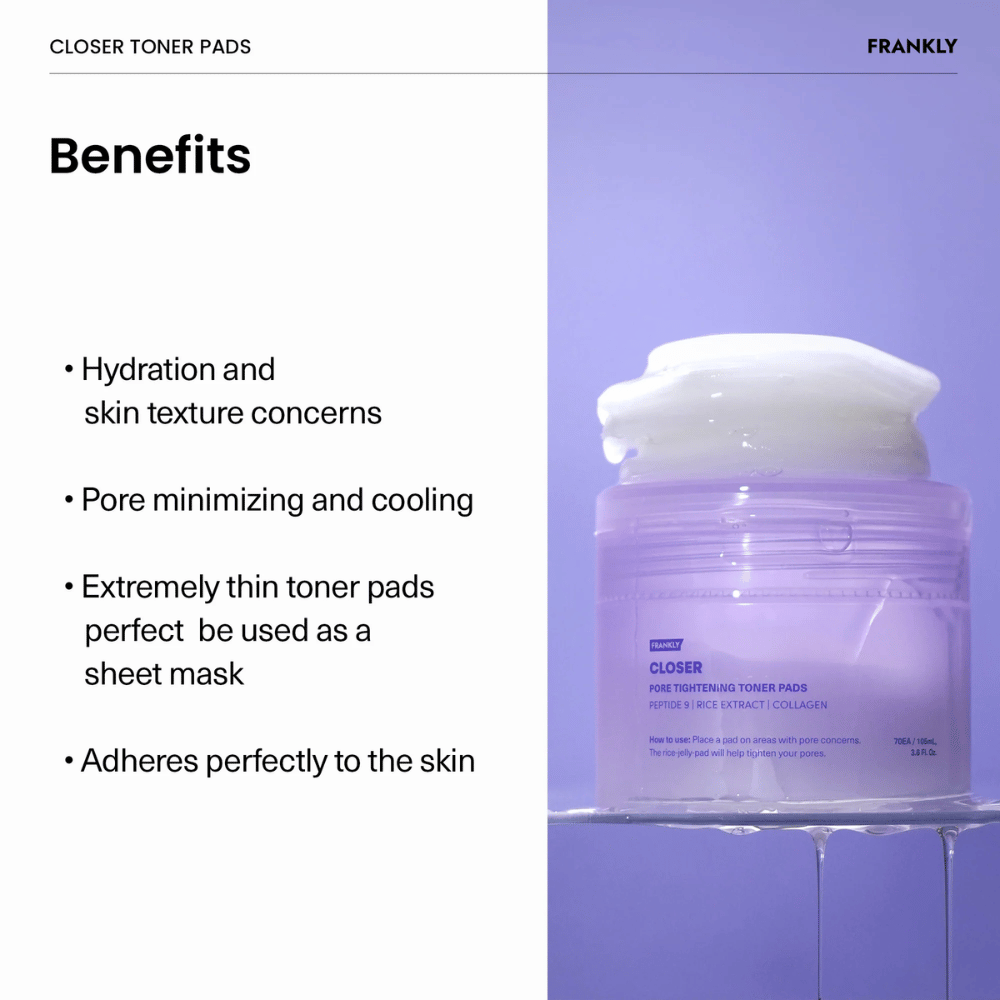 Lilla boks med FRANKLY Closer Toner Pads fylt med tynne, fuktighetsgivende pads. Tekst beskriver fordeler som porereduksjon og kjølende effekt.