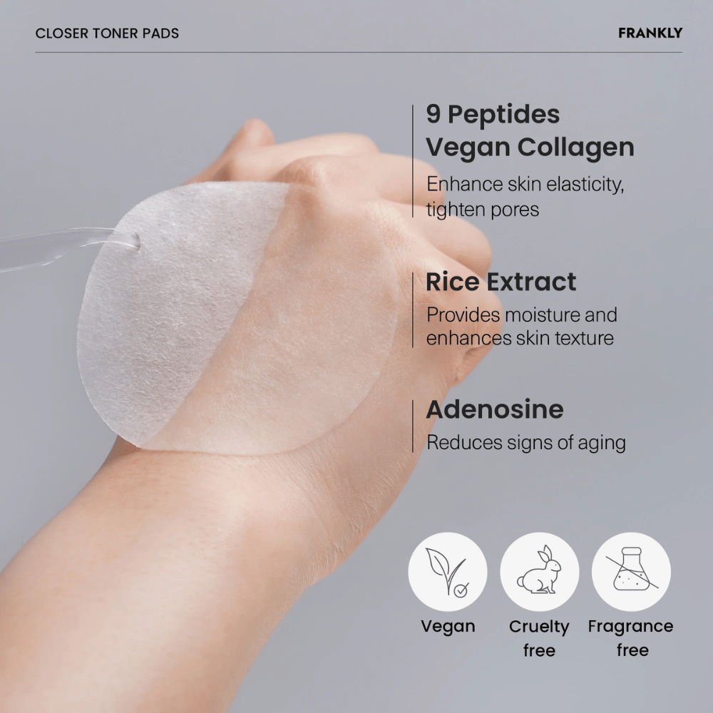 Nærbilde av FRANKLY Closer Toner Pad på hånd. Tekst viser ingredienser som 9 peptider, vegansk kollagen, risekstrakt og adenosin. Vegansk og cruelty-free.