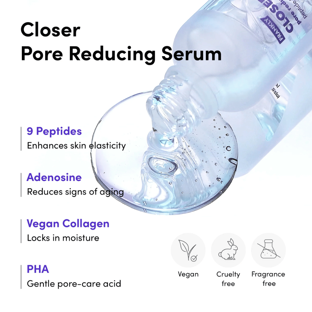 Nærbilde av FRANKLY Closer Pore Reducing Serum med ingredienser: 9 peptider, adenosin, vegansk kollagen og PHA. Vegansk og cruelty-free formel.