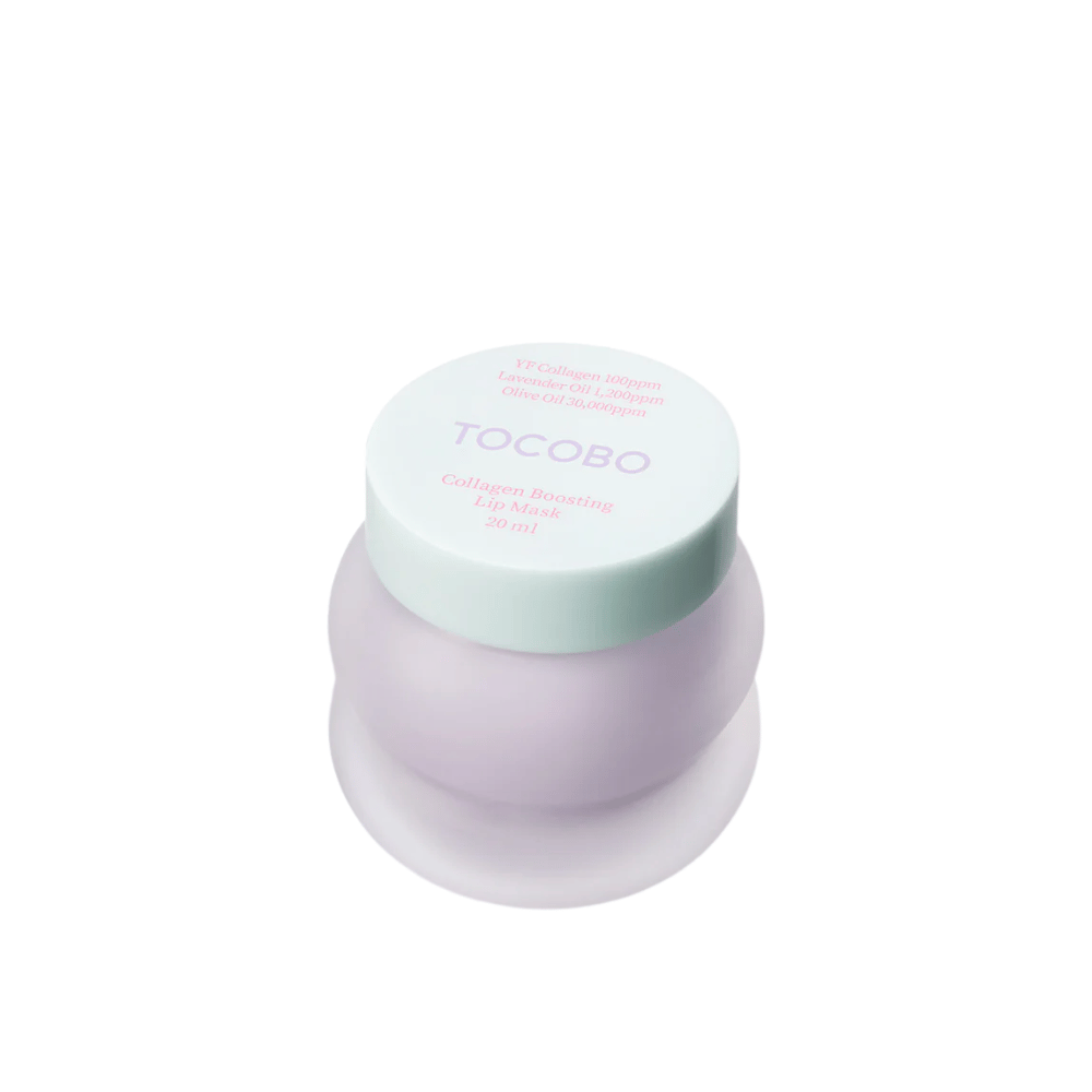 Nærbilde av lukket krukke TOCOBO Collagen Boosting Lip Mask med mintgrønt lokk mot hvit bakgrunn.