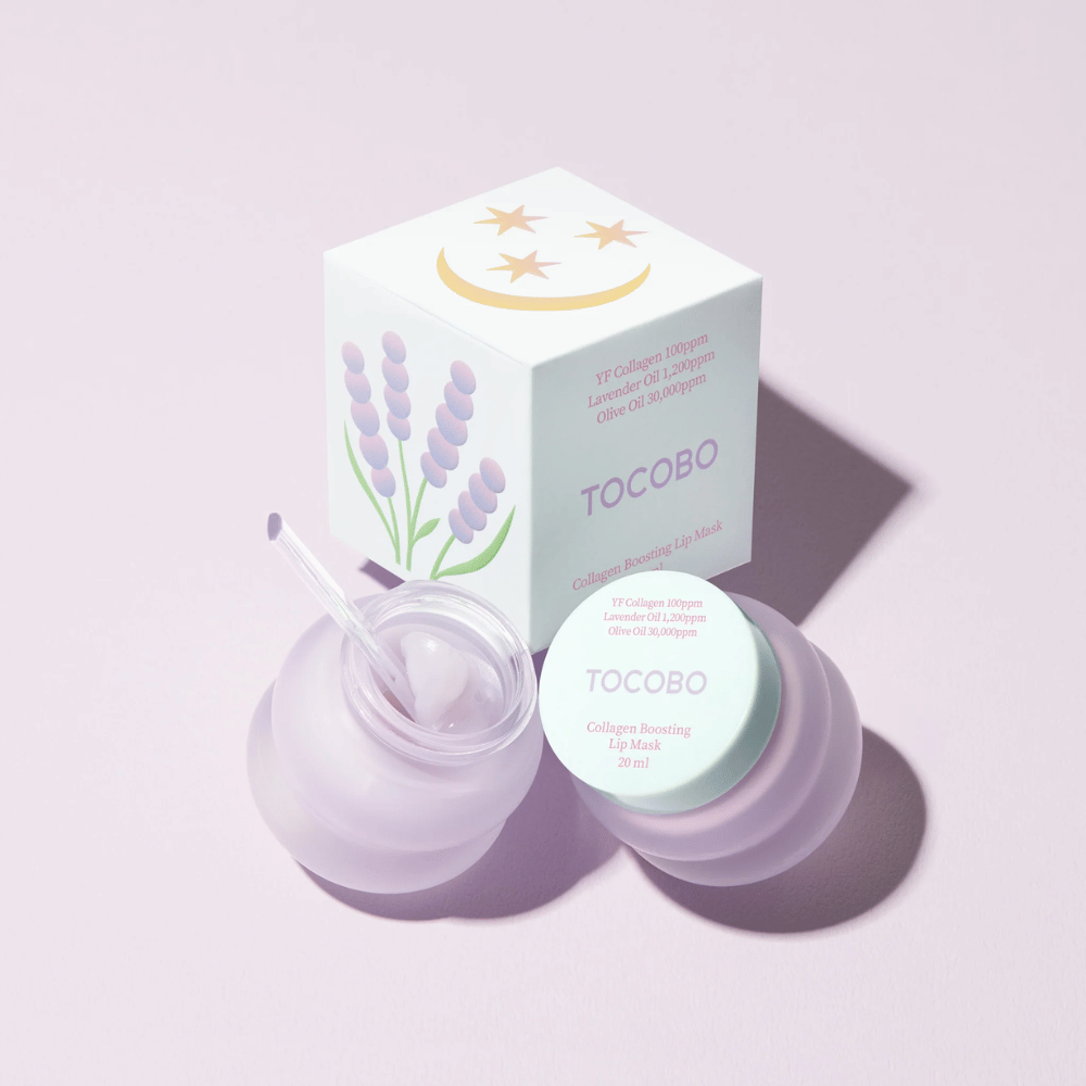 TOCOBO Collagen Boosting Lip Mask med emballasje dekorert med lavendel og månesymboler.