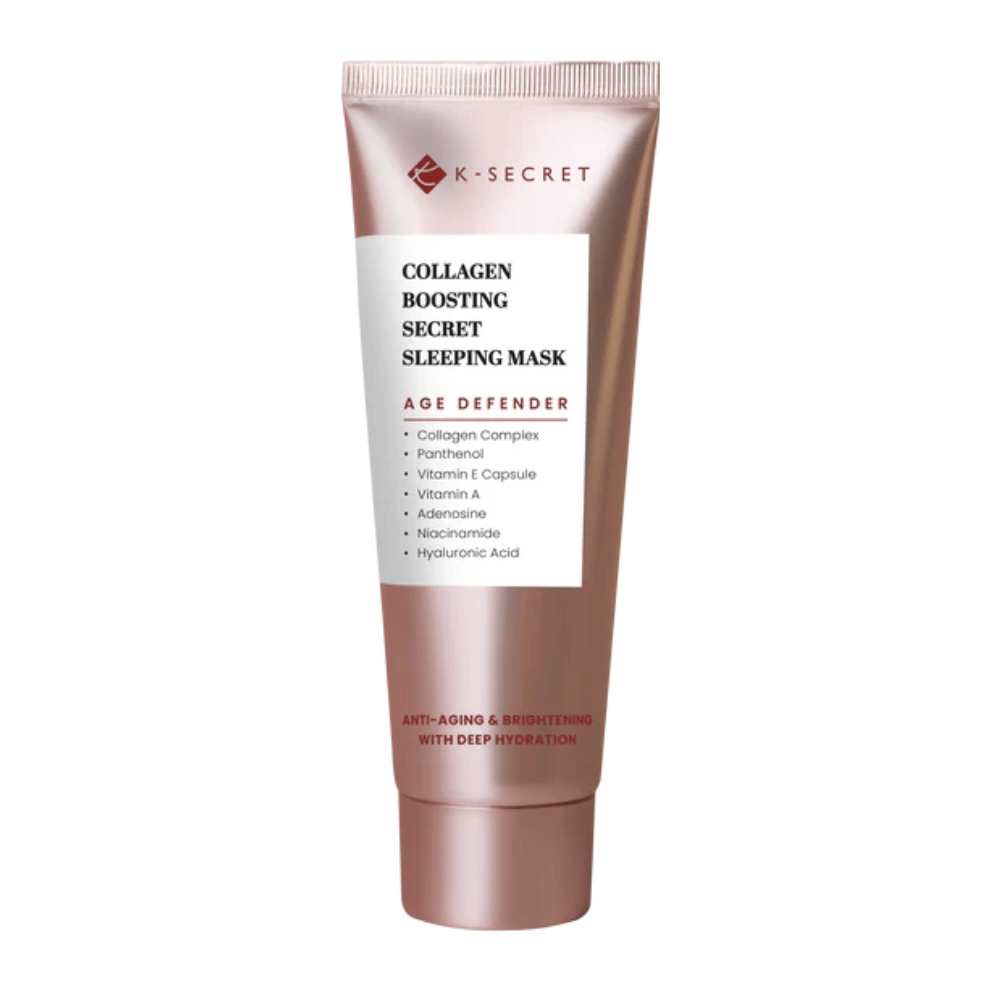 Produktbilde på K-SECRET Collagen Boosting Secret Sleeping Mask i en roségullfarget tube med tekst som fremhever anti-aging, fuktighet og ingredienser som kollagen, panthenol og hyaluronsyre.