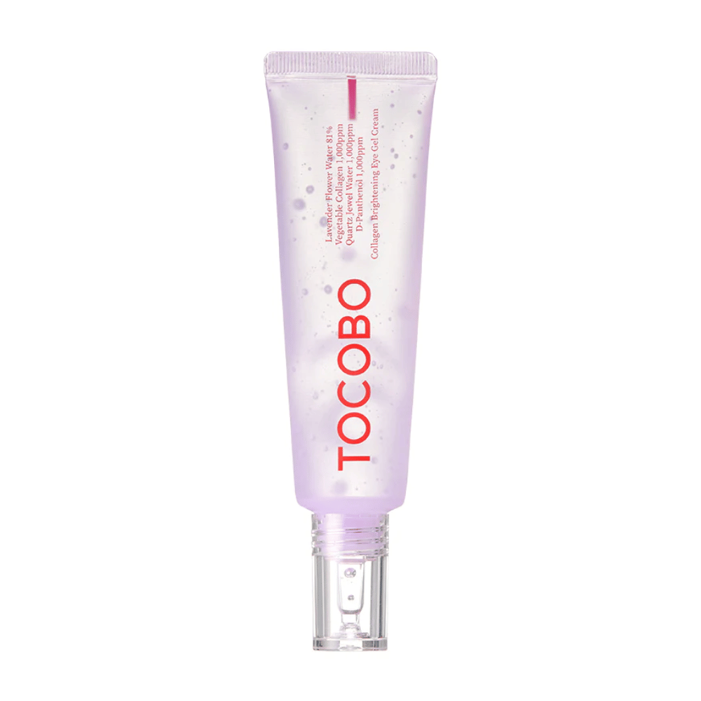 Produktet på bildet er "Collagen Brightening Eye Gel Cream" fra TOCOBO. Det er en øyegel i en lilla tube med hvite prikker, designet for å lysne opp og forbedre hudens utseende rundt øynene.