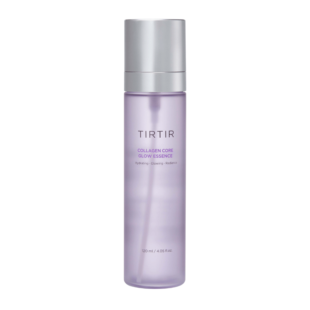 Produktbilde på TIRTIR Collagen Core Glow Essence – en glødgivende essens i stilren lilla flaske som fukter og forbedrer hudens elastisitet.