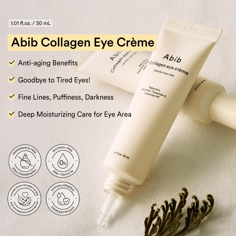 Abib Collagen Eye Crème med tekst om anti-aging og intensiv fuktighet for øyeområdet. Fri for alkohol, parfyme og hypoallergen.