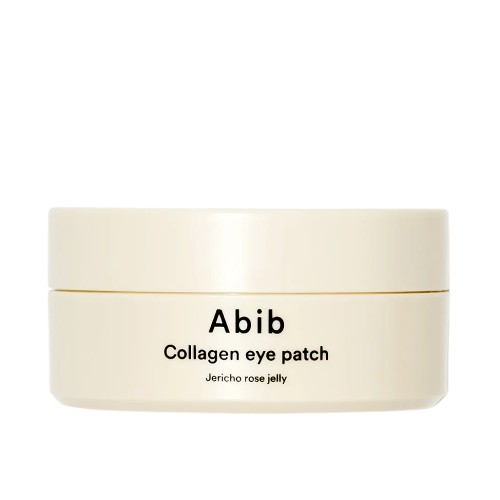 Emballasje av Abib Collagen Eye Patch Jericho Rose Jelly – en beige boks med svart tekst, designet for å pleie området under øynene med kollagen og fuktighetsgivende ingredienser.
