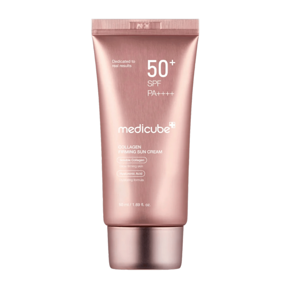 Medicube Collagen Firming Sun Cream SPF 50+ i roségul tube – solbeskyttelse med kollagen og hyaluronsyre som gir fastere, fuktet hud med glød.
