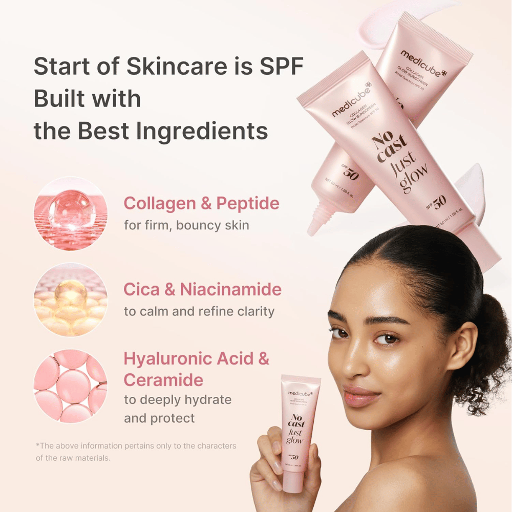 Medicube Collagen Glow Sunscreen SPF 50 med kollagen, peptider, niacinamid og hyaluronsyre. Modell holder opp den rosa solbeskyttelsestuben.