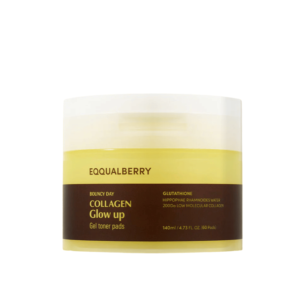 Bouncy Day Collagen Glow Up Gel Toner Pads, inneholdende lav molekylær kollagen og glutation, for å forbedre hudens elastisitet og gi en ungdommelig glød. Pakning med 60 pads.
