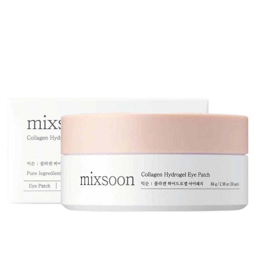 Bilde av Mixsoon Collagen Hydrogel Eye Patch, som viser en boks med rosa lokk og hvit base. Boksen inneholder 84 g (30 par) øyeplaster. Kartongen er stilren og gir en følelse av luksuriøs hudpleie. Produktet er designet for å gi fuktighet og næring til huden under øynene.