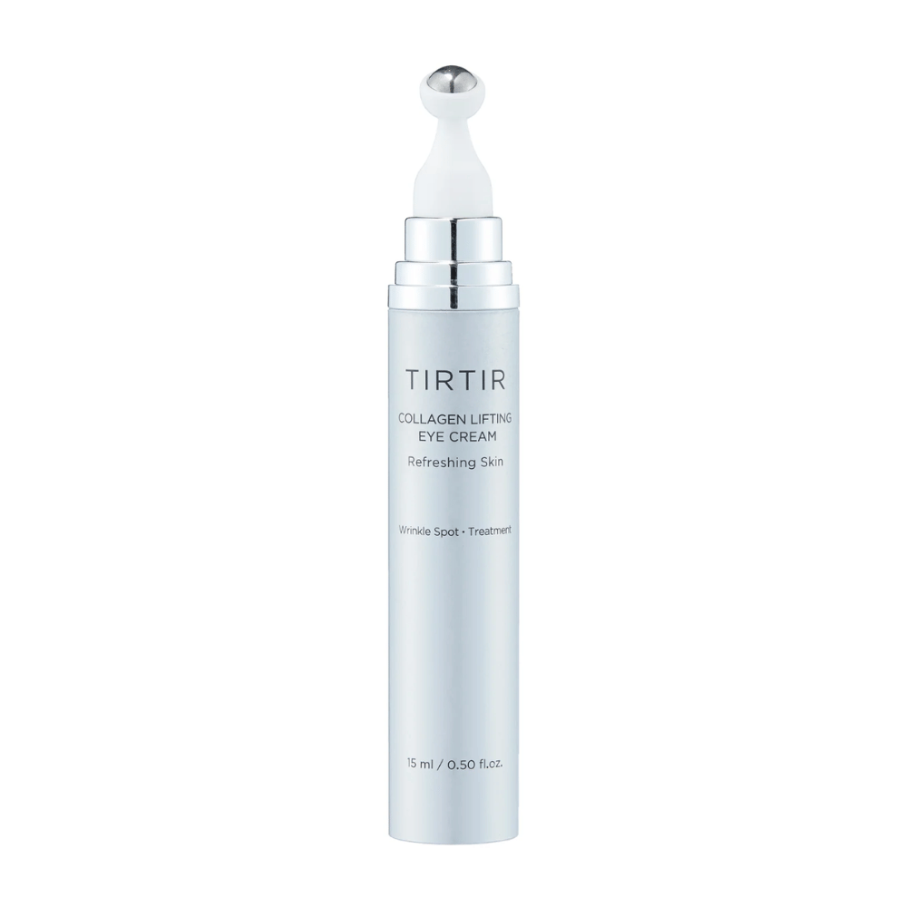 Tube med TIRTIR Collagen Lifting Eye Cream mot en ren bakgrunn, designet for oppfriskende hudpleie.