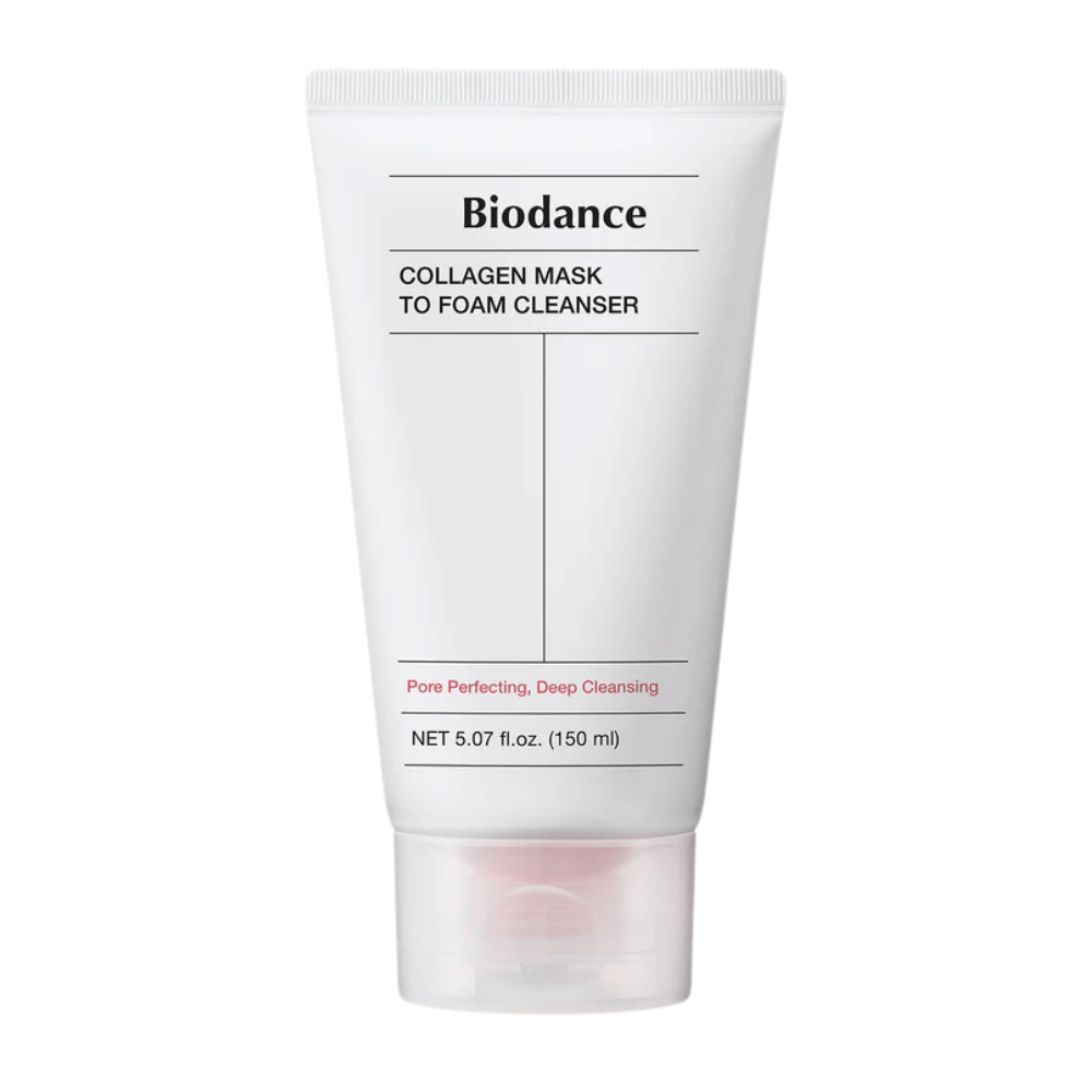 Produktbilde på Biodance Collagen Mask to Foam Cleanser i hvit tube med svart tekst og rosa detaljer. Rommer 150 ml og markedsføres som dyprensende og porforbedrende.